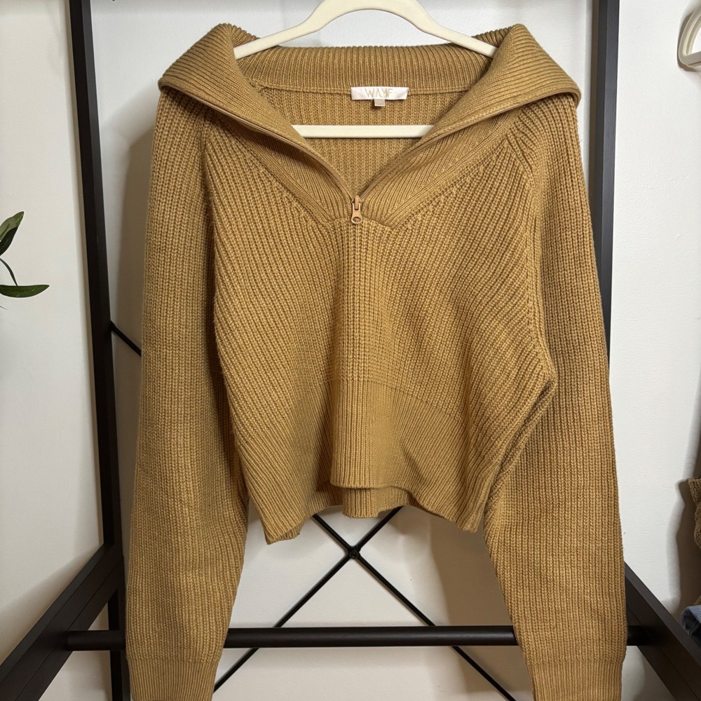 WAYF Womens Ribbed Quarter Zip Pullover Sweater Camel Tan Sailor Collar Medium
